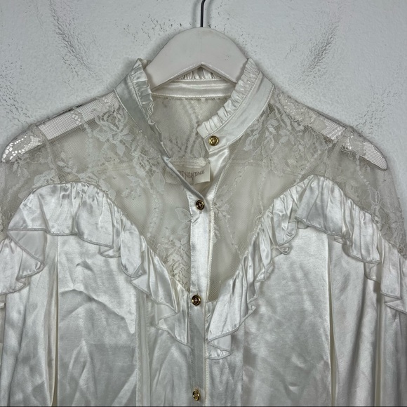 Divine Heritage Satin Lace Inset Ruffle Blouse White Long Sleeve Button Down Top - Picture 3 of 9